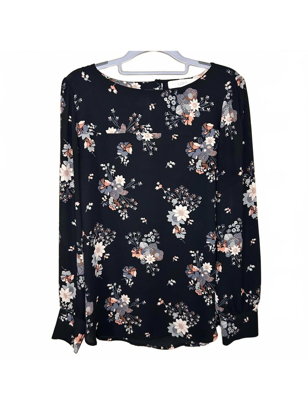 LOFT Floral Soft Black Long Sleeve Blouse Medium